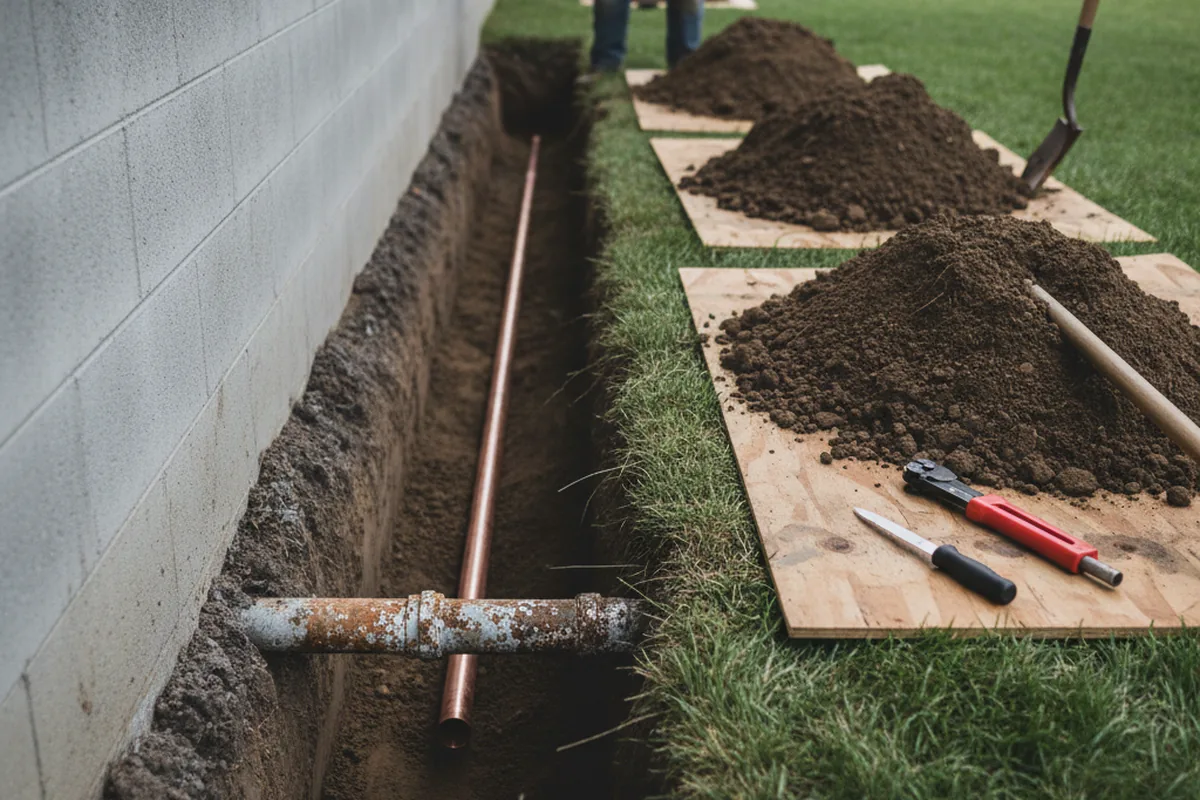 Excavated water line trench during Water Softener Installation in Charlotte